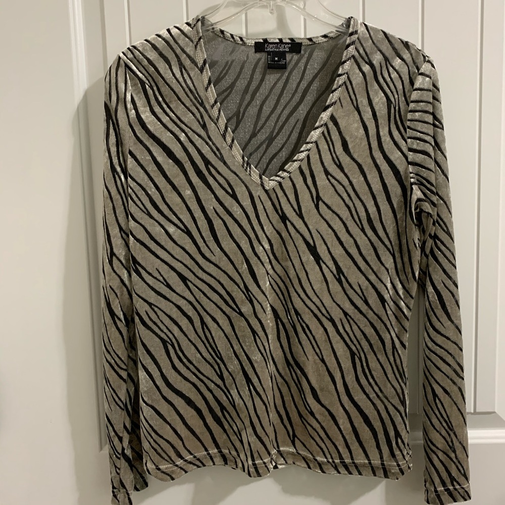 KAREN KANE Black Silver Gray Velour Siberian Tiger Top PM